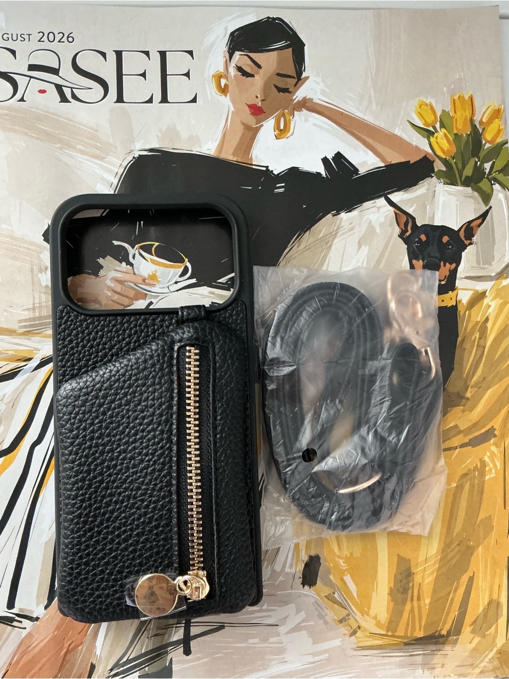 Black Leather Zip Card Wallet Phone Case with Detachable Strap